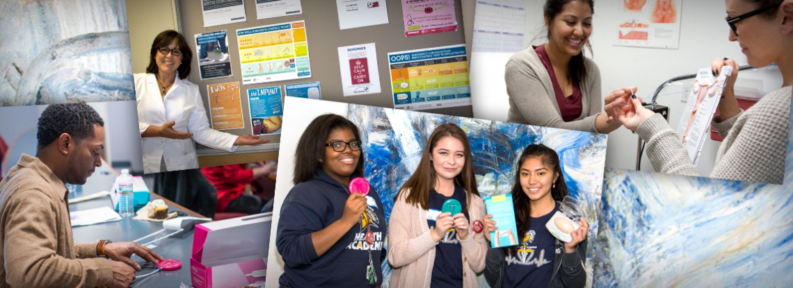 Collage of photos of teens holding birth control methods and birth control education materials