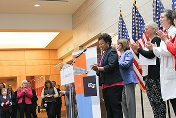 Barbara Lee speaking at Women's Equality Day at UCSF