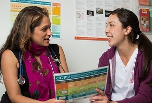Provider using contraceptive counseling charts while discussing with patient.